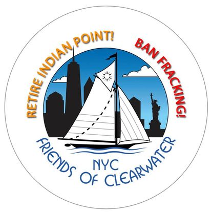 Words Retire Indian Point! Ban Fracking! NYC Friends of Clearwater surround a line drawing of the Clearwater sailing by the New York City skyline.