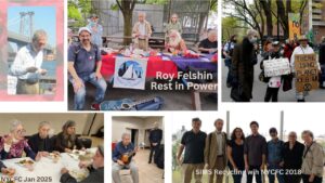 composite of photos honoring Roy Felshin including potluck, tabling, march, musician, and recycling tour